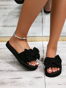 2026春夏新款女士时尚优雅经典户外防滑耐穿蝴蝶结露趾拖鞋，女士沙滩度假休闲凉鞋 - 黑色 - 查看 6
