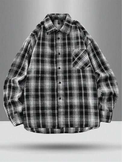 青少年男童黑白格子衬衫，韩版休闲时尚衬衫，帅气百搭，秋冬季加绒外套