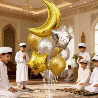 1 set med 10 st Eid Mubarak måne- och stjärndekorationer, flytande luftballonger, festbakgrundsväggdekoration