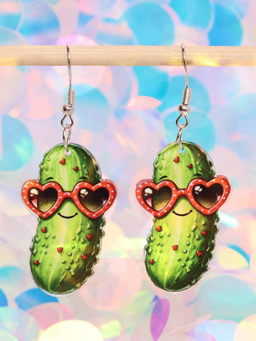 一对独特趣味创意卡通爱心泡菜亚克力吊坠耳环，时尚休闲，节日派对饰品，女士款 - 彩色 - 查看 1