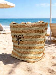 Prada Túi tote dệt sọc nâu và be, túi đựng mỹ phẩm, túi xách tay dung tích lớn, túi đeo vai dệt, túi đựng đồ ăn trưa thông thường, thích hợp cho đi biển, quà tặng sinh nhật. - màu nâu - Xem 11