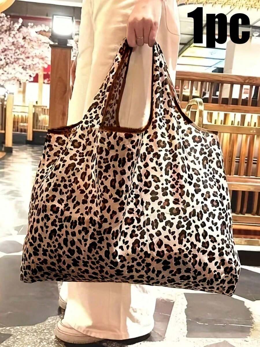 Bolso de mano estampado de leopardo de moda, bolso de mano grande de mujer de poliéster duradero con estampado de leopardo | Amplio para compras, diseño plegable adecuado para uso diario, viajes, trabajo, comestibles - Bolso de mano con estampado de leopardo de moda, bolso multifuncional, asas resistentes, accesorio de moda