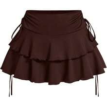 Women's Drawstring Bow Side Skirts Tiered Layer Ruffle Elastic Waist Y2K Coquette Short Skirts - 棕色 - 查看 1