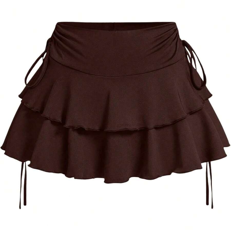 Women's Drawstring Bow Side Skirts Tiered Layer Ruffle Elastic Waist Y2K Coquette Short Skirts - 棕色 - 查看 1