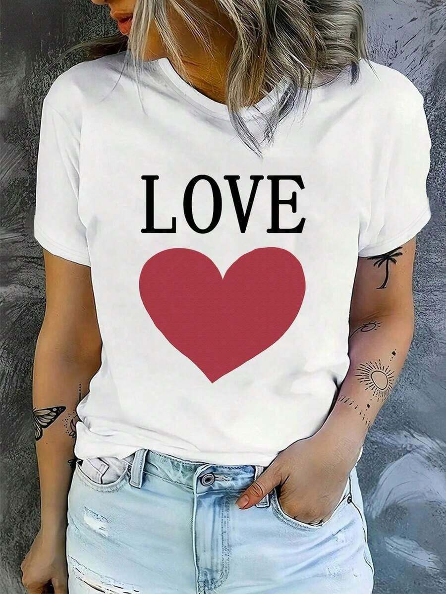 Shirt Women Casual T-Shirt, Comic Heart Pattern For Valentine's DayLoose And Comfortable2026 Halftime Show Shirt - 白7 - 查看 1