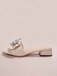 Giày sandal cao gót mũi vuông kiểu Pháp đính đá, nơ, gót chunky, quai ngang, kiểu dáng mới, đa năng, dành cho mùa hè. - Màu be - Xem 2