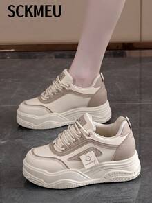 SCKMEU. 1 Pair 2026 New Fashionable Thick-Soled Lightweight & Comfortable/Classic Colorblock Design Casual Sneakers For Women - Khaki - View 9