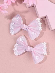 2pcs Pink Flower Hair Bows For Girls Pastel Pink Grosgrain Ribbon Bow Hair Clips Cute Flower Alligator Clips Girls Daily Wedding Barrettes Baby Hair Accessories - Baby Pink - View 10