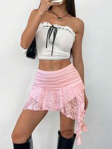 Women Summer Pink Lace Mini Skirt With Shorts- Low Rise Y2K Pleated Ruffle Fairy Skirt Chic Layered Asymmetrical Half Slip Skirts For Sports, Party, Vacation, Valentine's Day Outfit - 粉色 - 查看 5