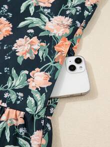 Acelitt Spring Women's Elegant Blue Floral Print Striped Edging V-Neck Long-Sleeved Ruffle Skirt Mini Dress - Multicolor - View 8