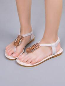 1 Pair Girls Flat Sandals, 2026 New Bohemian Style Simple Thong Sandals, Quick-Drying Beach Sandals For Daily & School Wear - White - View 5