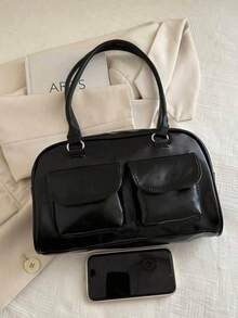 1pc Minimalist Retro Zipper Shoulder Bag With Pockets, Dual Handles, Suitable For Women's Casual Commute, Retro Style Handbag, Streetwear Fashion Shoulder Bag, Y2K Style - Black - View 6