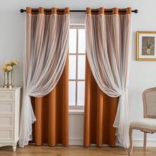 Blackout And Sheer Layered Solid Window Curtain Panel Pair With Grommet Top, 52Wx63L, Orange - Anytime Use - Pink - View 2
