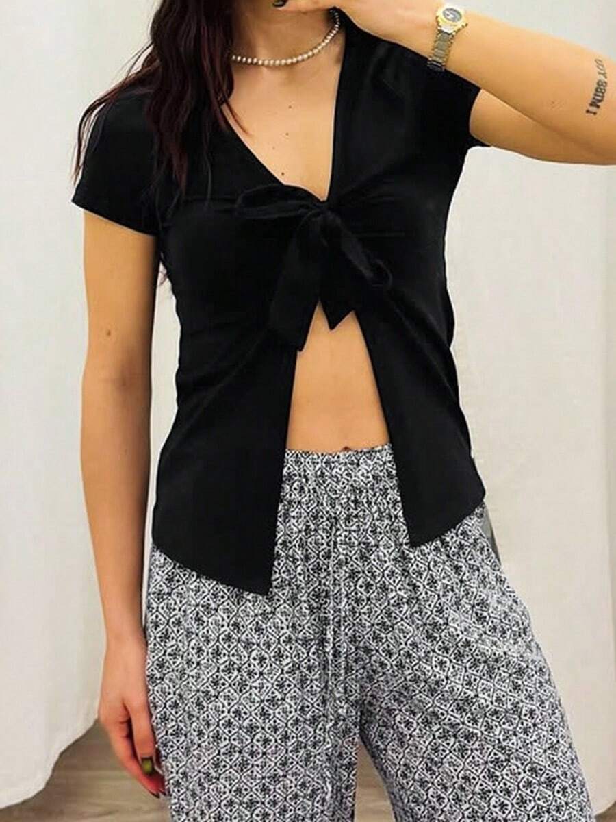 Stylish Women's Deep V Neck Knitted Short Sleeve Top With Tie Front Detail Regular Fit Slit Hem Semi-Sheer