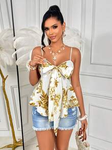 AIJ Amarilo 女士印花吊带 A 字衬衫 - 系带腰身，海滨度假风，春夏款 - 黃色 - 查看 1