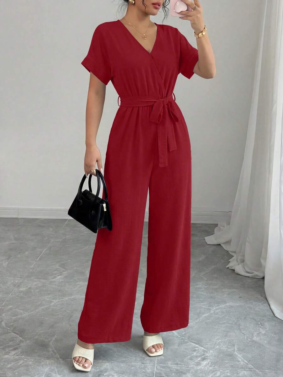 Women's Jumpsuit Casual Short Sleeve Wrap V Neck Belted Wide Leg Pants - 酒紅色 - 查看 1