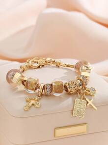 1pc Y2K Charm Bracelet, 1pc Cross Charm Bracelet, Retro Streetwear Fashion Bracelet, 1pc Cross & Heart Charm Bracelet, Glow-In-The-Dark Bracelet - Gold - View 5