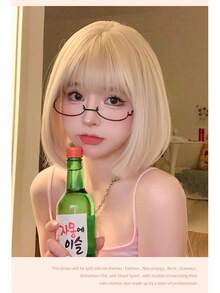 かつら女性のショートヘアボブヘア日本ミルクティーゴールドショートストレートヘアファッション年齢を軽減する模造フルリアルナチュラルフルヘッドセット - ホワイトゴールド - チェックする 2