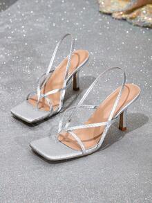 Giày sandal cao gót mũi nhọn thanh lịch dành cho nữ, giày thời trang dự tiệc mùa hè. - Bạc - Xem 6