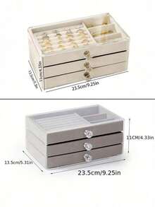1个三层透明塑料绒布抽屉首饰收纳盒，可整理戒指、项链、手镯、耳环和吊坠，配有水晶形旋钮的优雅展示架，豪华三层首饰收纳盒 - 灰色 - 查看 11