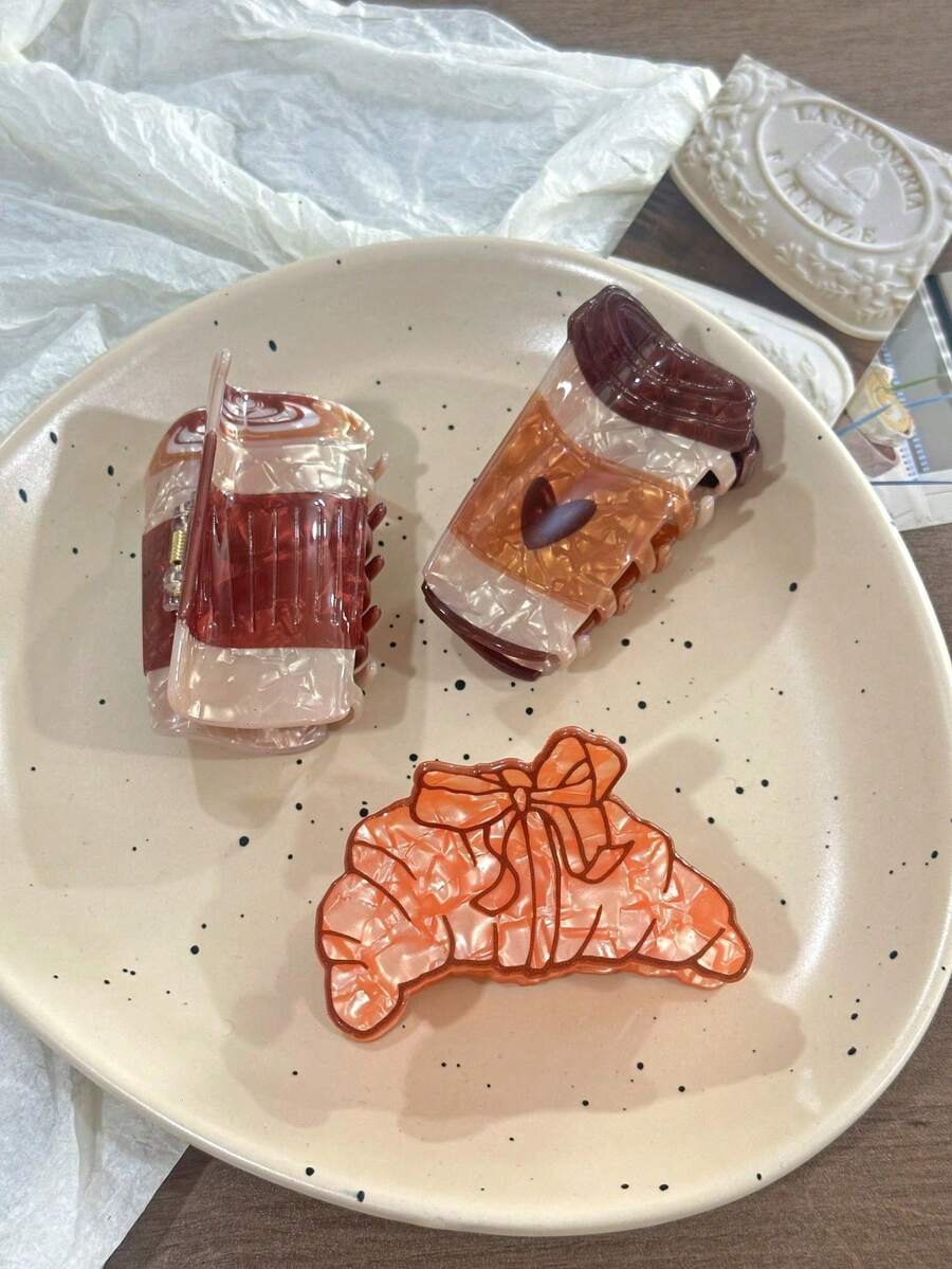 1个咖啡面包造型发爪夹，女士发饰，适合作为生日礼物、情人节礼物、发夹、发卡、发爪，秋冬假日装扮女士发饰 - 彩色 - 查看 1