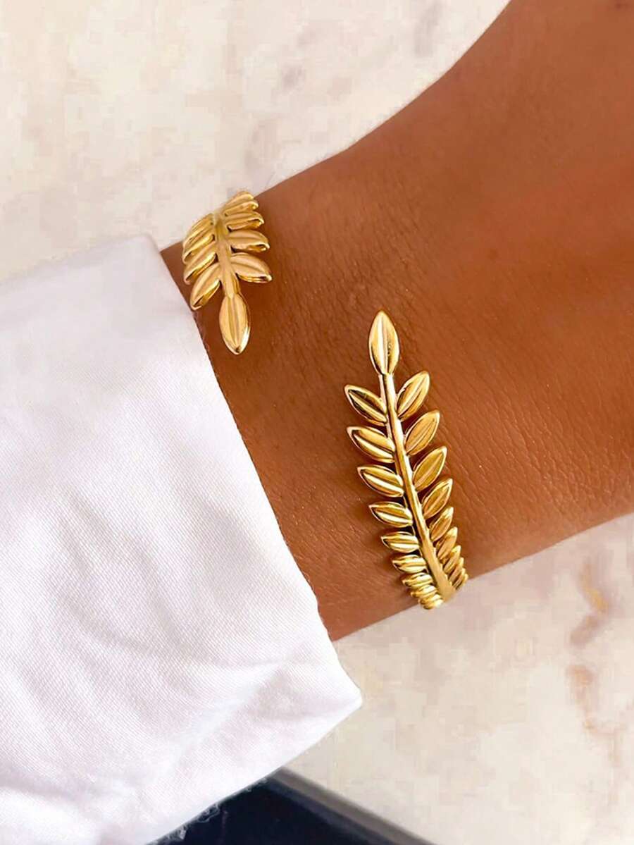 1pc Women's Bracelet, Summer Beach Wear Non-Fading 18K Gold Plated Stainless Steel Wheat Ear Open Cuff Bracelet, Daily Accessory Gift - Yellow Gold - View 1