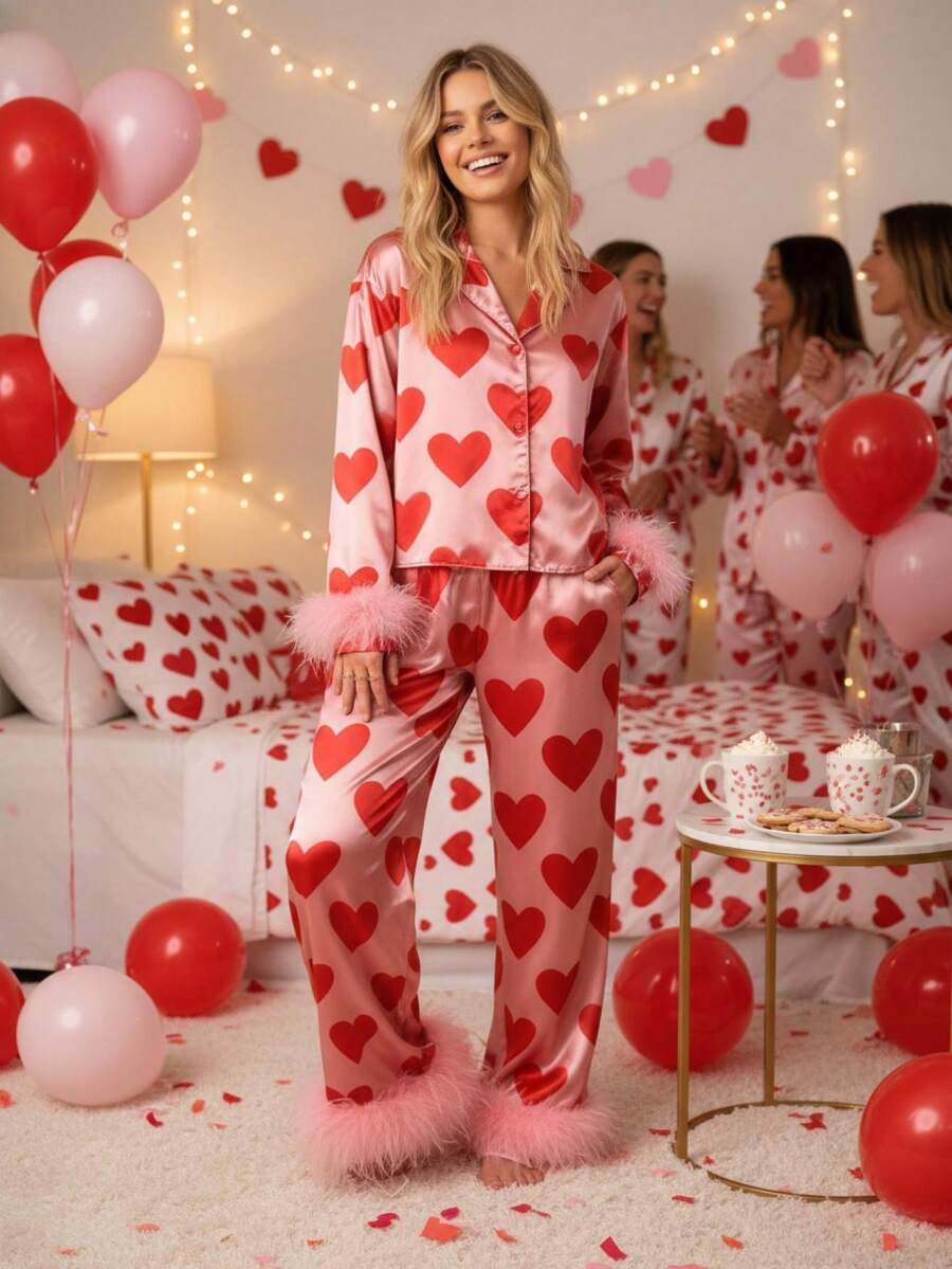 Bridal Pajama Set With Feather Trim For Women Elegant Silk-Like Satin Sleepwear Valentine's Day Nightwear Bachelorette Party Outfits - Hồng - Xem 1
