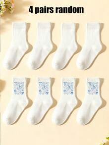 4双随机颜色船袜，白色女童袜，纯色白色儿童袜，运动跑步袜，可爱袜子，夏季贝壳蝴蝶结情人节礼物，返校学生青少年儿童袜 - 彩色 - 查看 3