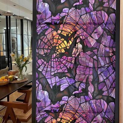 Halloween Window Stickers Privacy Film Static Window Sticker Decal Halloween Bat Window Decals Film Purple Stained Glass Clings Windows Art For Home Schoolsss Office Glass Decoration