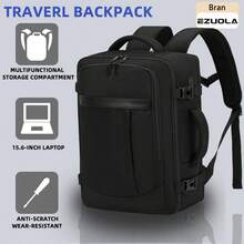 EZUOLA 43*30*20 轻便大容量旅行背包，多种颜色可选，附赠鞋袋，可容纳 15.6 英寸笔记本电脑，设有笔记本电脑隔层、个人物品口袋，符合航空标准，可作健身背包、机场友好型轻便背包、多功能大容量旅行背包、轻便笔记本电脑背包、时尚旅行通勤包、符合航空标准的笔记本电脑和书包 - 黑色 - 查看 2