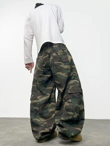 1 buah Celana Jeans Patchwork Longgar Multi-Saku Motif Kamuflase Gaya Jepang, Celana Kaki Lebar Kasual untuk Aktivitas Luar Ruangan, Sepanjang Musim - Hijau Tentara - View 5