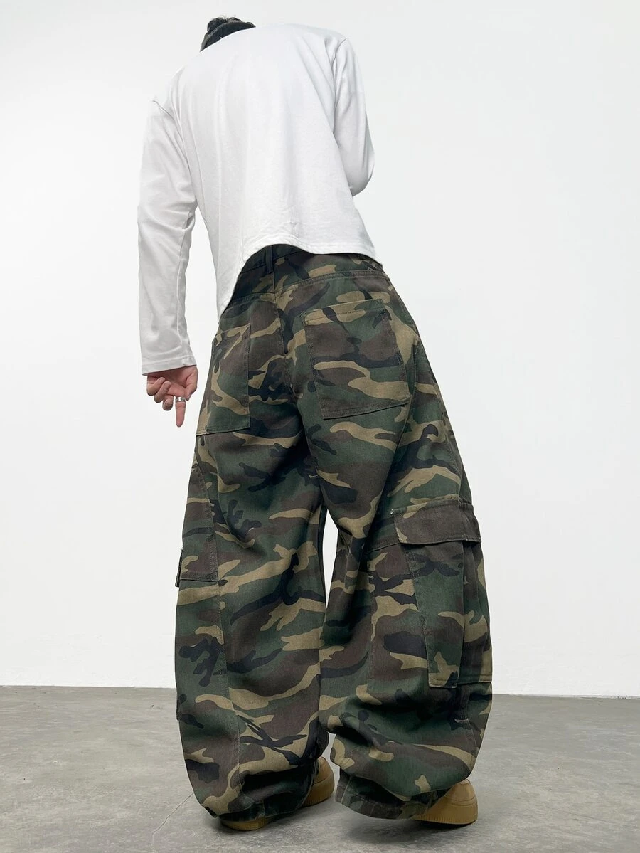 1pc Japanese High Street Camouflage Multi-Pocket Loose Fit Patchwork Jeans, Casual Wide Leg Pants For Outdoor, All Season - Army Green - View 1