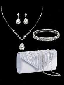 4件套女士时尚百搭奢华水晶手拿包、晚宴包、派对包、链条单肩包、水晶爪链项链、耳环、手链、派对首饰套装 - 銀色 - 查看 10