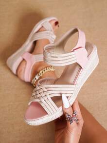 Women's Fashion Straw Woven Rope Casual Vacation Wedge Sandals - Baby Pink - View 9