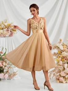 V-Neck Sequin Mesh A-Line Bridesmaid Dress, Christmas Party Dress, Elegant Ladies' Formal Gown, Suitable For Wedding Guests, Graduation Ceremonies, Galas And Other Occasions - Vàng - Xem 9