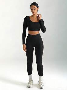 Bộ 2 món gồm áo croptop tay dài và quần legging bó sát, trang phục thể thao thường ngày. - màu đen - Xem 1