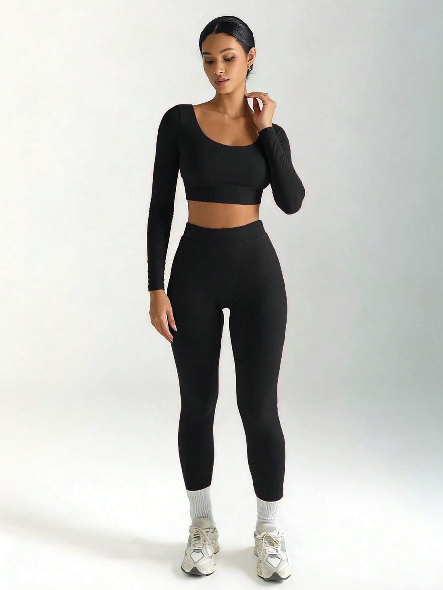 Bộ 2 món gồm áo croptop tay dài và quần legging bó sát, trang phục thể thao thường ngày. - màu đen - Xem 1