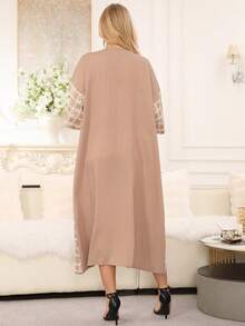 2026 New Style Elegant Embroidered Gold Beaded Arabic Dress, Ramadan Traditional Jalabia Dress With Round Neck & Mid-Sleeves - Beige - View 12