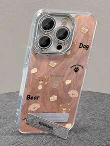 1pc Electroplated Glitter Full Coverage Orange Phone Case With 3D Metal Bear & Dog Stand Holder, Compatible With IPhone11-17 PROMAX
