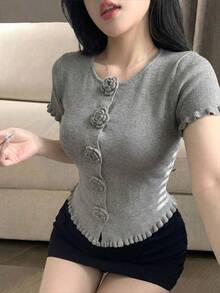 New 3D Floral Round Neck Short Sleeve Knit T-Shirt For Women, Asymmetrical Frill Trim Cropped Top, Spring/Summer - Gray - View 5