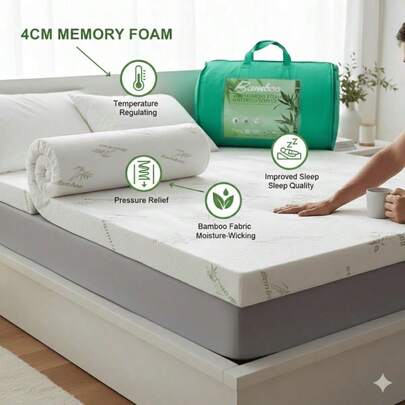 Memory Foam Bamboo Mattress Topper Double Bed, Soft Comfy And Thick White Firm Mattress Topper Bed Pad