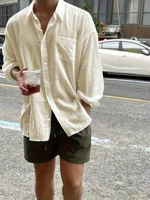 Men's Solid Color Long Sleeve Single-Breasted Loose Casual Fashion Comfortable Shirt - Apricot - View 3