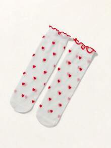 1双女婴爱心图案中筒袜，爱心元素儿童袜，适合0-2岁宝宝 - 白色 - 查看 8