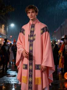 Medieval Priest Robe Cosplay Costume, Loose Fit Printed Long Robe For Halloween, Christmas - Pink - View 10