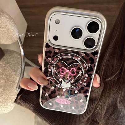 GUCADI 1pc Silver Edged Magnetic Adsorption, Gold-Plated Pink Star Leopard + Pink Leopard Bow, Gold-Plated Heart Magnetic Adsorption Stand, Leopard Print Bow Compatible With IPhone 17 Pro Max, 13, Gold-Plated Magnetic Adsorption Stand Compatible With IPhone 16, Sweet 15, Compatible With IPhone 17 Pro Max, 15 Magnetic Adsorption Stand Compatible With IPhone 16, Electroplated 14