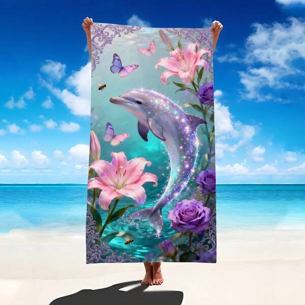 1pc Fantasy Ocean Element Dolphin & Floral Beach Towel, Super Soft Microfiber Extra Large Beach Blanket, Highly Absorbent Bath Towel, Suitable For Travel, Pool, Diving, Surfing, Yoga, Camping, Available In Multiple Sizes, Beach Accessories For Beach, Pool, Travel, Camping, Yoga Bathroom Decor