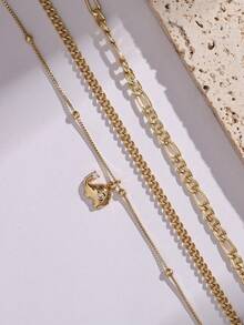 3件套沙滩度假微镶锆石铜质大象吊坠项链和NK铁链手链套装，适合女士日常休闲度假佩戴（珠子数量随机） - 金黃色 - 查看 3