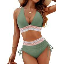 Women High Waisted Bikini Sets Tummy Control Swimsuits Color Block Two Piece Drawstring Bathing Suit Outdoorfun - Black - View 8
