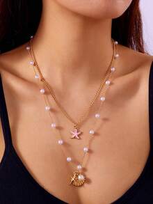 2 piezas Elegante y de moda Collar colgante de mujer con conchas marinas y perlas falsas, adecuado para vacaciones en la playa, días festivos, regalo para parejas/hermanas - Dorado - Ver 2