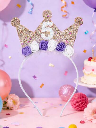 1pc Birthday Girls Headband For Girls Purple Glitter Birthday Headband With Numbers 1-5,Princess Purple Rose Hair Hoop Girls Happy Birthday Hairband Birthday Gifts Hair Accessory